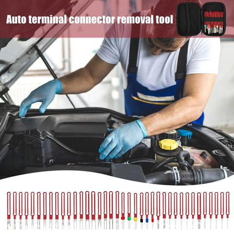 Mechanic using Pin Removal Tool Kit For Automotive Wiring And Repair with 38 stainless steel tools shown below.