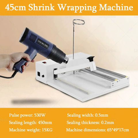GFJYKDL 1800W Adjustable Heat Shrink Wrap Machine, Dual Speed Heat Gun with Nine Temp Levels & Impulse Sealer, 45cm machine with power details.