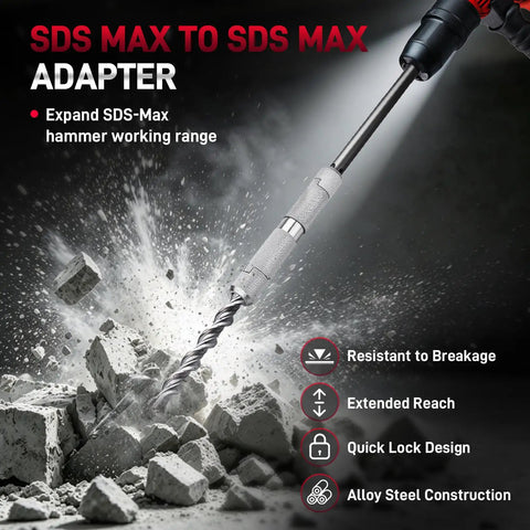 Badass SDS Max To SDS Max Adapter With 12.6 Inch Extension Shaft For Rotary Hammer and Heavy Duty Concrete Drilling showcasing rugged steel construction.
