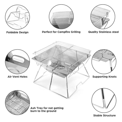 Folding Campfire Grill For Camping And Backpacking Portable Charcoal Fire Pit With 304 Stainless Steel Construction Includes Carrying Bag Ideal For Hiking Travel Picnics And Outdoor BBQ showcasing foldable design and ash tray