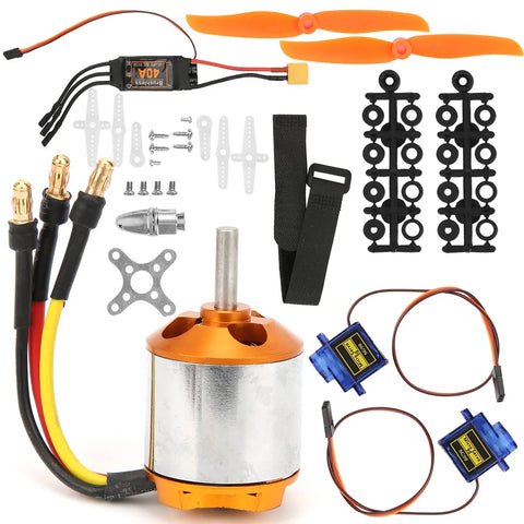 Ultra Lightweight RC Helicopter Motor and Propeller Kit With Brushless ESC And 9G Servo For High Performance Remote Control Aircraft Ready For Easy Upgrades And Stable Flight In Any Weather, showing components like motor, propellers, ESC, and servo.
