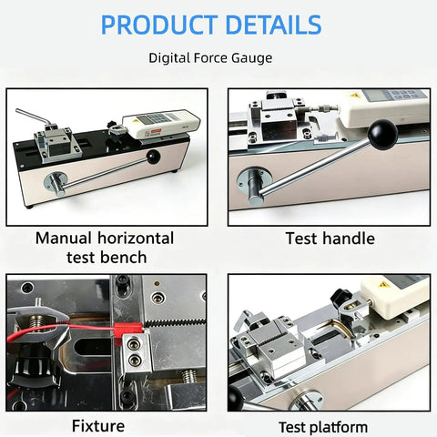 Digital Pro Grade Pull Force Tester With Horizontal Push Pull Stand For 500 To 1000N Wire Harness And Terminal Tensile Testing Portable High Accuracy Pull Force Test Machine Set With Five Metal Fittings, manual bench