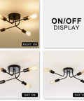 Industrial Semi Flush Mount Four Light Ceiling Fixture With Adjustable Black Metal Branches, E26 Base in on/off settings.
