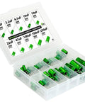 Non Polarized Audio Electrolytic Capacitor Assortment Kit for Prototyping and DIY Repairs, 50 pc set with labeled compartments.