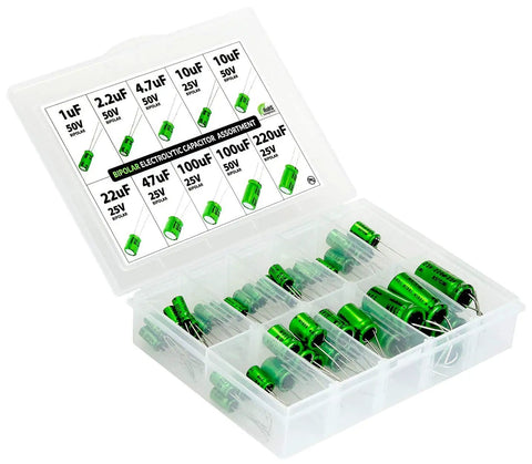 Non Polarized Audio Electrolytic Capacitor Assortment Kit for Prototyping and DIY Repairs, 50 pc set with labeled compartments.
