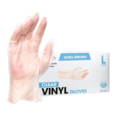 Industrial Grade Clear Vinyl Gloves Disposable Powder Free Latex Free Non Sterile Food Safe Large 2.75 Mil Palm 3.9 Mil Fingers 100 Count Textured Grip And Slip Resistant glove next to box