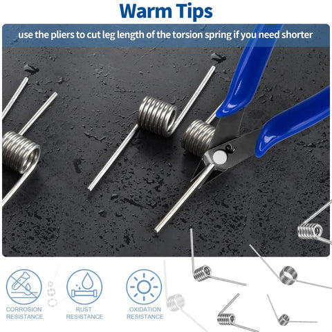 Front view of Waltool 115-Piece stainless steel torsion and compression spring assortment kit with blue-handled pliers