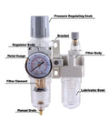 Pro Grade Quarter Inch NPT Air Filter Regulator Lubricator Combo with Water Oil Trap Separator Semi Auto Drain AC2010