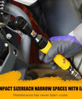 Hella Badass 3/8 Inch Air Ratchet Wrench Set With 1/2 Drive Adapter And Six Precision Sockets, compact tool in use for auto repair.