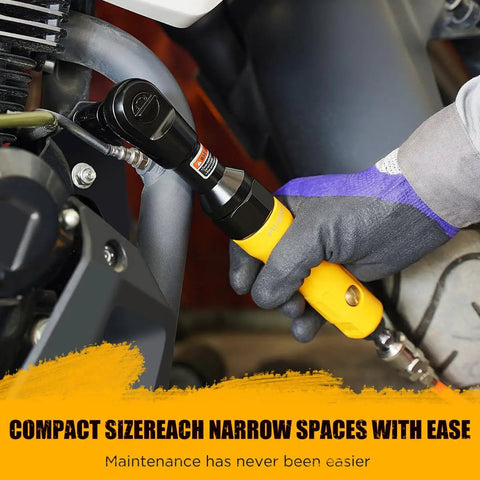 Hella Badass 3/8 Inch Air Ratchet Wrench Set With 1/2 Drive Adapter And Six Precision Sockets, compact tool in use for auto repair.