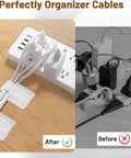Before and after view of a heavy duty cable organizer kit for desk and PC setup with reusable nylon cable ties and hook and loop fasteners.