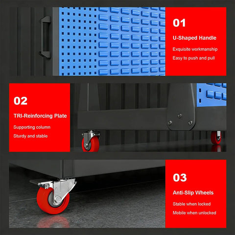 Close-up of Heavy Duty Mobile 4 Tier Steel Workshop Shelving Unit with wheels, handle, and anti-slip caster wheels.
