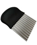 Stainless steel crinkle cutter with black ergonomic handle and corrugated blade for vegetables