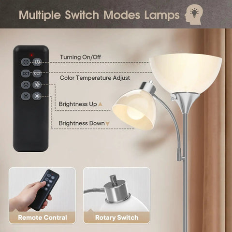 Floor Lamp With Remote Control And Adjustable Reading Lamp, Two Smart Bulbs Included, shown with remote and controls