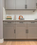 Gray kitchen cabinets with 30 Pack 5 Inch Square Cabinet Pulls Matte Black Stainless Steel Kitchen Drawer Pulls Cabinet Handles installed.