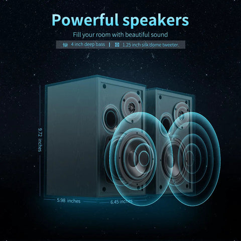 Powered 4 Inch Bookshelf Speakers With Deep Bass And Silk Dome Tweeters Bluetooth 5.0 showing sound waves, dimensions, and features