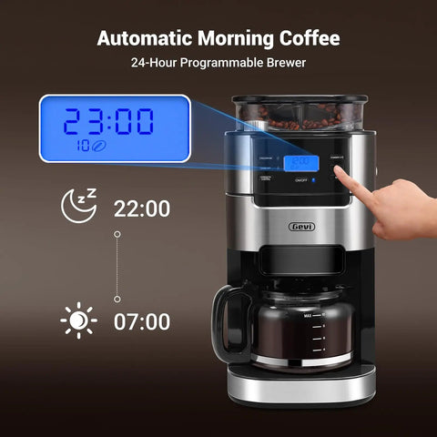 10 Cup Drip Coffee Maker With Built-In Burr Grinder And Programmable Timer showing digital display with auto keep-warm feature