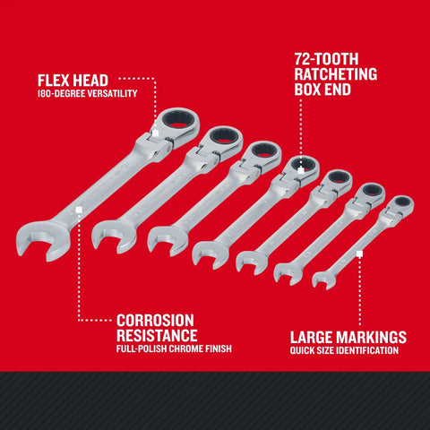 7-Piece SAE Flex Reversible 72-Tooth Ratchet Set with Chrome Finish, 180 Degree Flex Head, layout and features displayed
