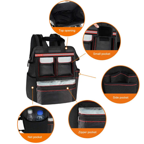 Worksite Ready Tools Backpack With Padded Back Support showing inner and outer pockets for electricians, plumbers, HVAC pros.