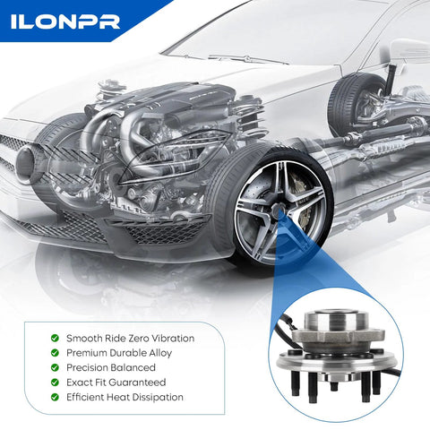 Diagram of car components highlighting Front Wheel Bearing Hub Assembly For Ford Explorer 2002 To 2005 Lincoln Aviator 2003 To 2005 Mercury Mountaineer 2002 To 2005 5 Lug ABS Sensor Included Two Pack