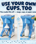 Totally Legit Penguin Shaved Ice Maker For Home And Kids Chills Out Summer Parties By Turning Regular Ice Cubes Into Silky Snow Cones Without Pre Freezing For Easy Weekends, showing usage with various cups.