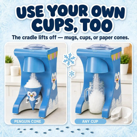 Totally Legit Penguin Shaved Ice Maker For Home And Kids Chills Out Summer Parties By Turning Regular Ice Cubes Into Silky Snow Cones Without Pre Freezing For Easy Weekends, showing usage with various cups.