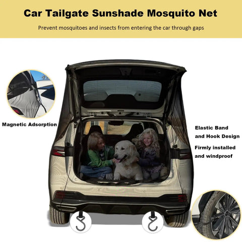 Tailgate Mesh Screen For SUV And Minivan, No-See-Ums Mosquito Prevention And Cabin Ventilation with kids and dog inside minivan