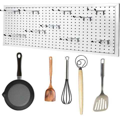 Image showing Badass Double Pegboard Hooks 15 Piece Set Crafted From Hella Tough Steel holding kitchen tools on a pegboard.
