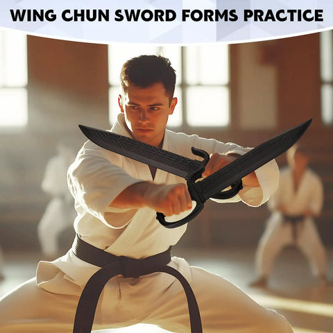 Two Pack Wing Chun Training Swords 18.3 Inch Polypropylene Black Practice Blades With U Shaped Hand Guards in martial arts demo