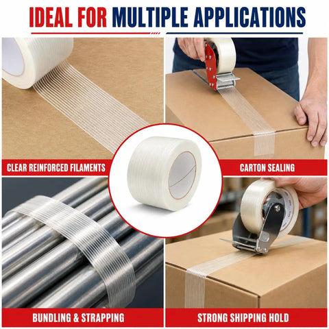 Beefy Five Point Five Mil Fiberglass Reinforced Packing Tape Rock Solid Rubber Resin Adhesive For Heavy Duty Shipping And Cardboard Box Bundling One Inch By Sixty Yards Pack Of Two Dozen used for carton sealing and bundling.