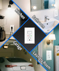 Fifteen Amp Gfci Outlet And Light Switch Combo Twenty Pack showcasing installation in kitchen, bathroom, garage, and laundry room.
