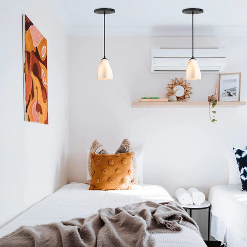 Kiven Instant Light Conversion Kit for 4/5/6inch Hole, 2-Light Glass Farmhouse Lighting in a bright bedroom setting.