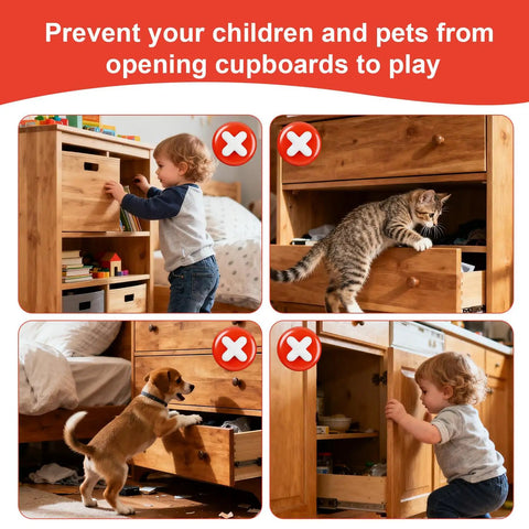 Children and pets trying to open cabinet doors prevented by Magnetic Cabinet Door Catch Set 8 Piece No Drill Stainless Steel Magnets.
