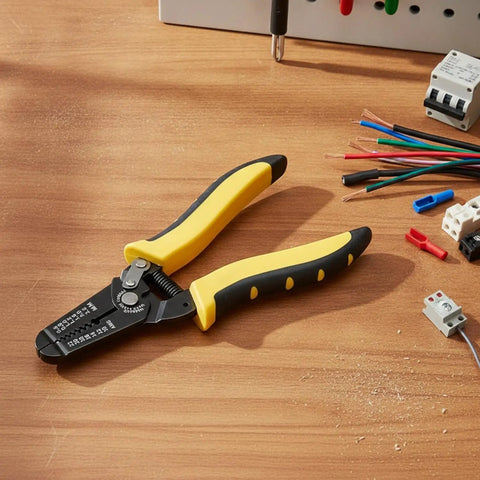Automatic Self Adjusting Wire Stripper and Cutter Tool 7 Inch Chrome Vanadium Steel Jaws on wooden surface with wires