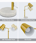 Gold Desk Lamp With LED Bulb Adjustable Brass Finish Metal Table Lamp With Marble Base Mid Century Modern Reading Lamp For Office And Bedroom 350 Degree Rotating Head Industrial Task Light features details