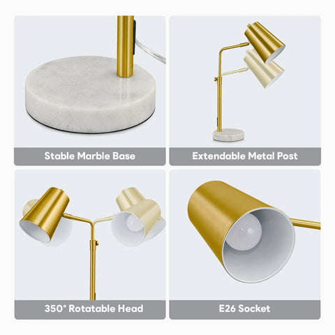 Gold Desk Lamp With LED Bulb Adjustable Brass Finish Metal Table Lamp With Marble Base Mid Century Modern Reading Lamp For Office And Bedroom 350 Degree Rotating Head Industrial Task Light features details