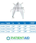 Heavy Duty Full Body Mesh Divided Leg Sling For Hoyer Lifts, Patient Transfer Aid with size and weight range chart.