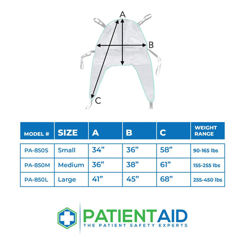 Heavy Duty Full Body Mesh Divided Leg Sling For Hoyer Lifts, Patient Transfer Aid with size and weight range chart.