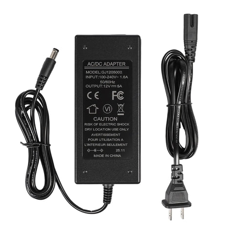 12V 5A DC Power Supply Switching Adapter 60W With 2.1x5.5mm Connector 100-240V AC Input Works With LED Strip Lights, Wireless Routers, Security Cameras, ADSL Modems, Switches, LCD Monitors, Indoor Use, black AC/DC adapter with power cord