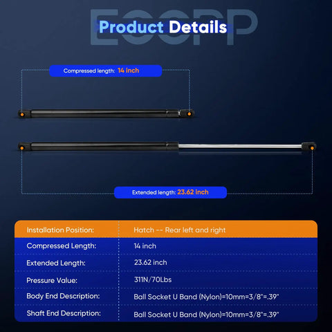 Rear Hatch Lift Supports Struts Gas Springs Shocks For VW Type 1 Beetle 1998 To 2010 Set Of 2 with measurements and specs