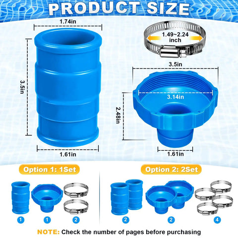 Must Have Pool Vacuum Hose Adapter Kit with rubber connector, dimensions 3.5x1.61 inches and clamp sizes 1.49-2.24 inches