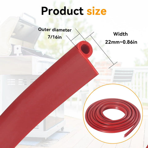 Angled view of red silicone gasket seal tube for smoker/grill doors; hollow bore, outer diameter 7/16 in, inset coil