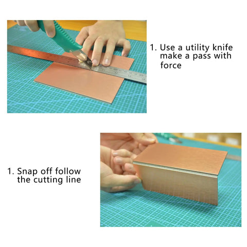 Cutting process of Copper Aluminum Peel And Stick Backsplash Tiles 3x6 Inches Brushed Copper Finish 80 Pack with utility knife