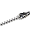Carbide rotary burr with 1/4 in shank and spiral flutes; silver metal tool.