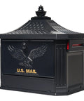 Hamilton Large Capacity Cast Aluminum Post-Mount Mailbox In Black with embossed eagle design and locking compartment, side view.
