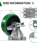 Caster wheel set, 4-in polyurethane on cast iron; mounting plate, green wheels, 1800 lb capacity, 2 brakes, 2 rigid