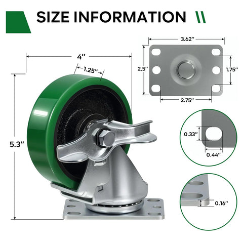 Caster wheel set, 4-in polyurethane on cast iron; mounting plate, green wheels, 1800 lb capacity, 2 brakes, 2 rigid