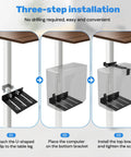 Three-step installation guide for Hella Secure Under Desk PC Mount Clamp On Computer Tower Stand For Standing Desk No Drill Heavy Duty Rack.