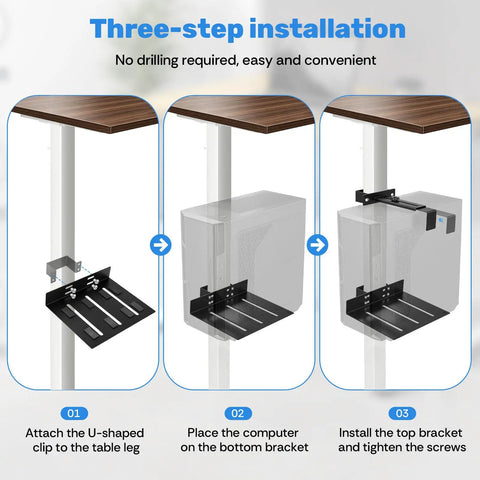 Three-step installation guide for Hella Secure Under Desk PC Mount Clamp On Computer Tower Stand For Standing Desk No Drill Heavy Duty Rack.