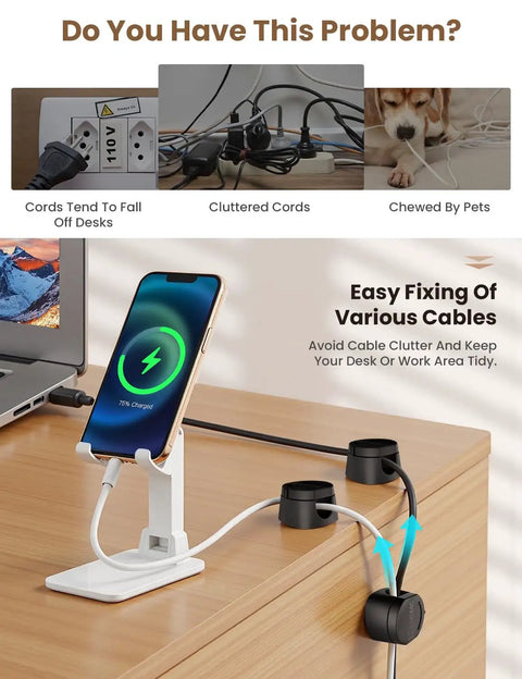360 Degree Magnetic Cable Clips For Desk And Car installed on wooden desk, organizing charging cables neatly, 6 Pack, Black